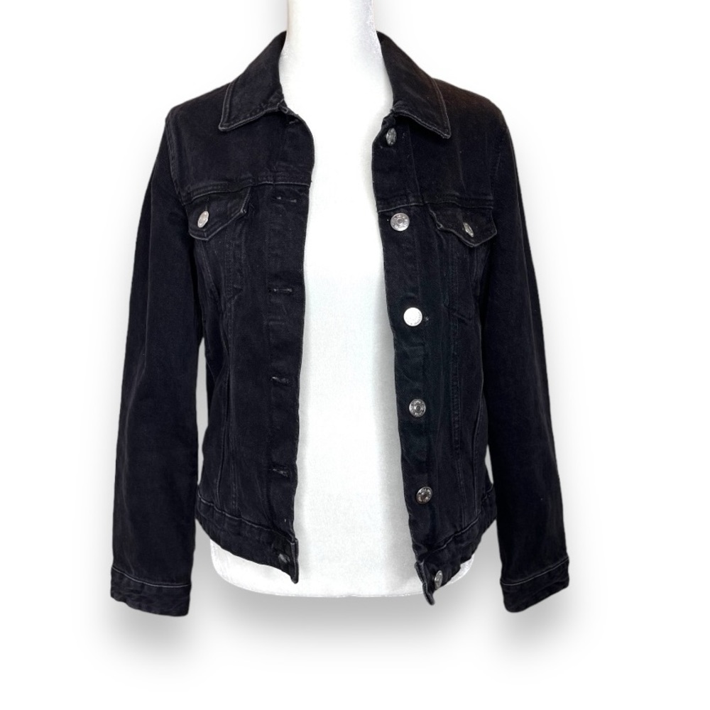Zara Black Denim Jean Jacket Classic Trucker Button Front Women's Small